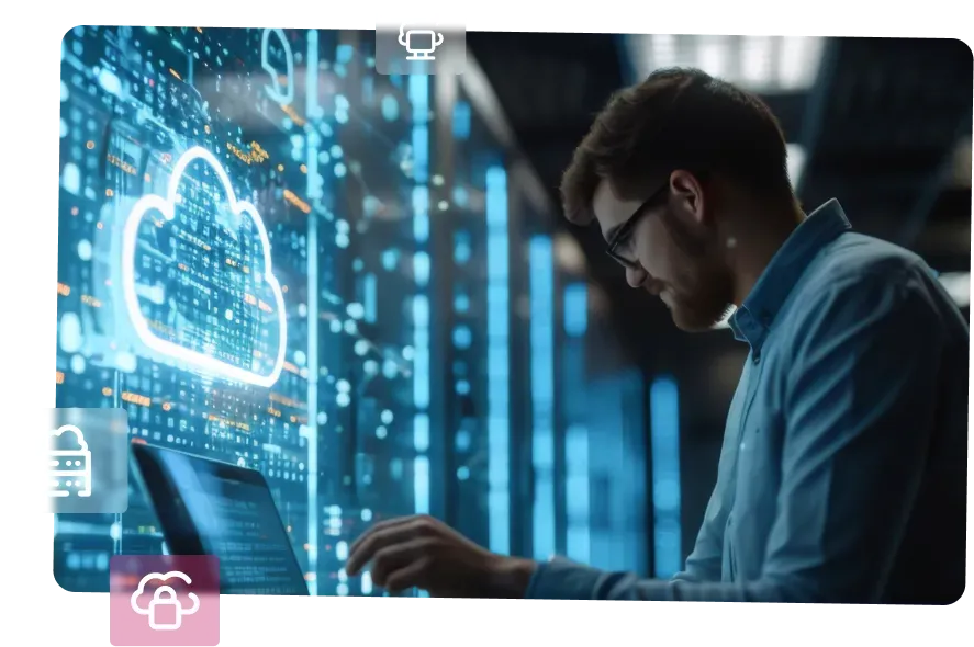 Man working on laptop in front of a digital cloud graphic, in a server room.
