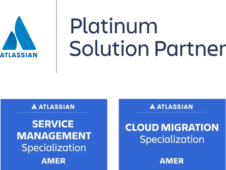Atlassian Platinum Solution Partner logo with Service Management and Cloud Migration specializations (AMER).