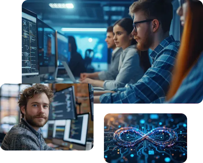 Software developers coding on computers. Office setting. Loop symbol and close-up of developer.