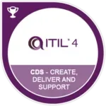 ITIL 4 CDS certification badge, purple and white, with a trophy icon.