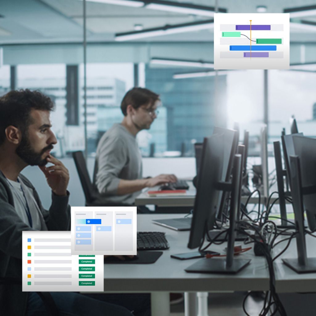 Two men working at computers in an office, project management software mockups overlayed.