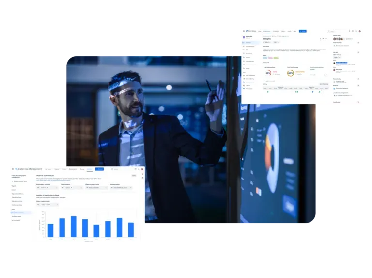 A man in a suit points to a screen with data; digital interfaces and charts are overlaid.