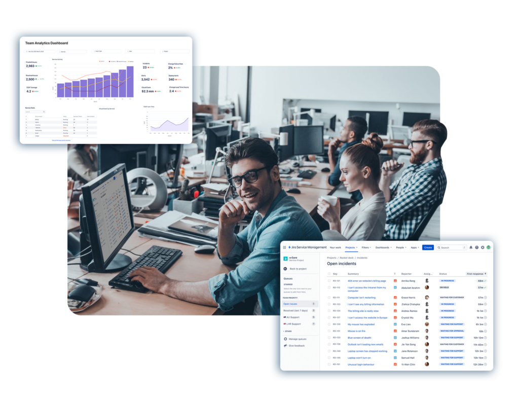 Business team working in an office with data charts and spreadsheets displayed.