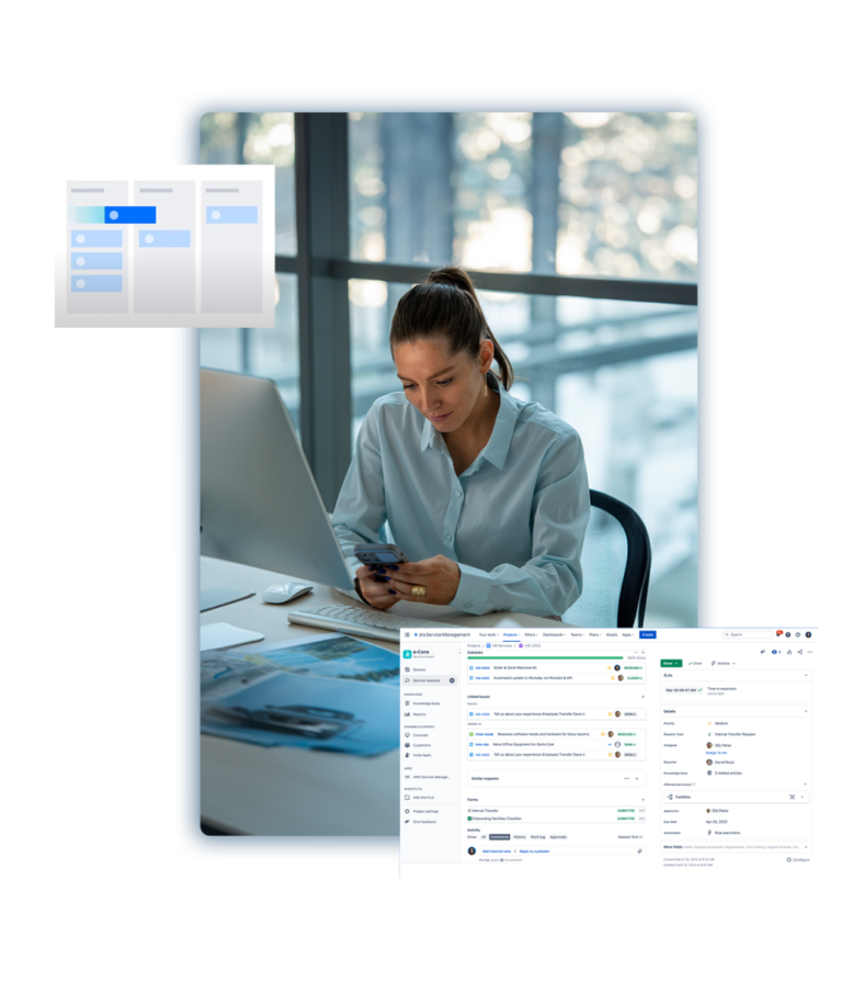 Woman using phone at desk, with software interfaces and Kanban board visible.