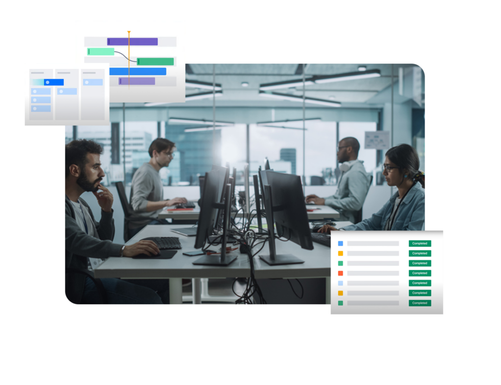 Four people working on computers in an office, with project management diagrams overlaid.
