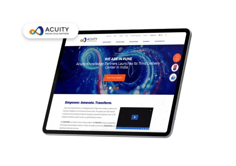 Acuity brand logo with a tablet displaying the website. The website features a blue, cosmic design.