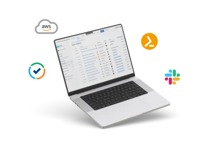 Laptop showing a dashboard, surrounded by icons for AWS, a terminal, a check mark, and Slack.