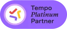 Tempo Platinum Partner badge with logo and text on a purple oval background.