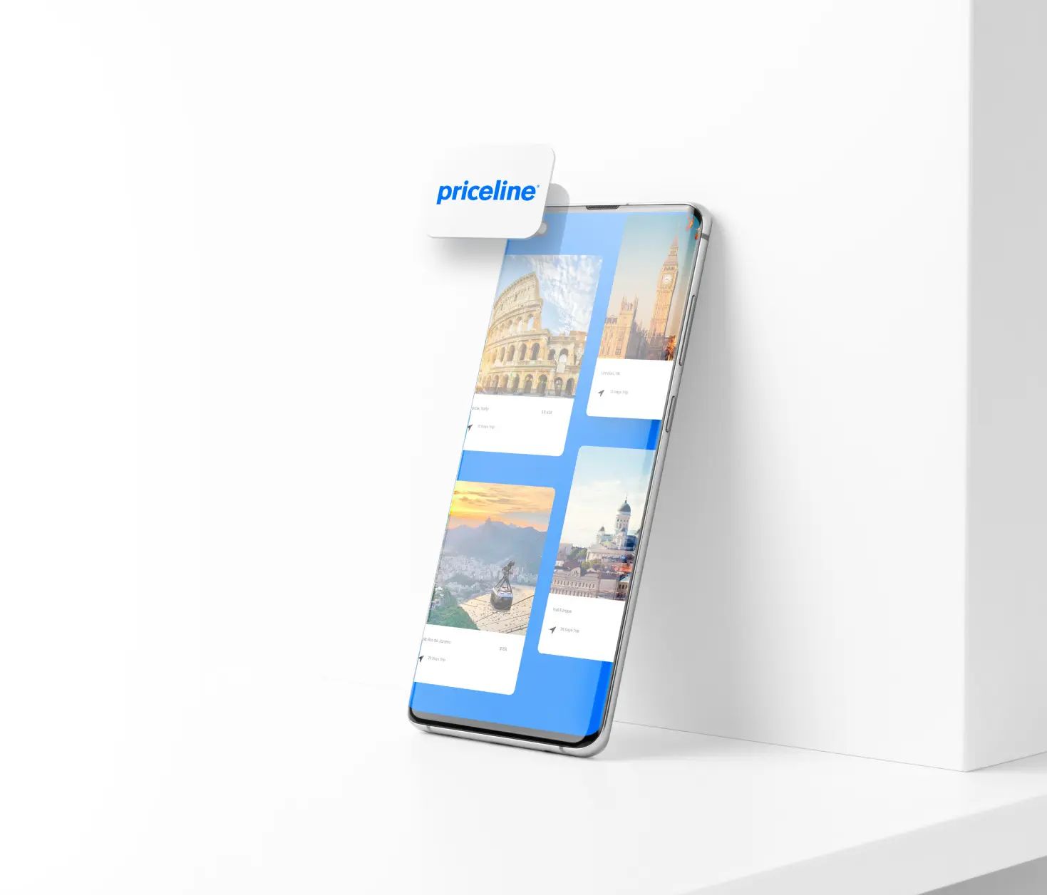 Smartphone mockup displaying a travel app with city photos, propped on a white surface, with
