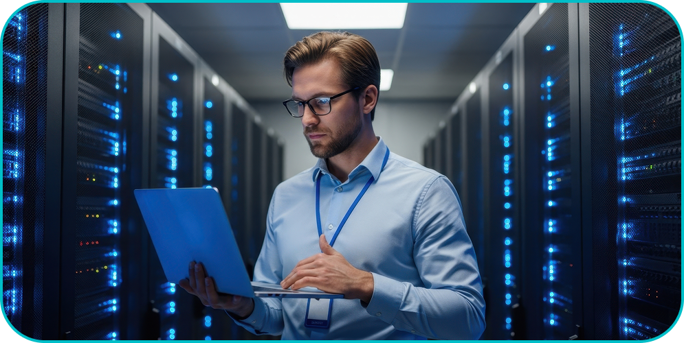 Technician using a laptop in a blue-lit server room, checking data center equipment.