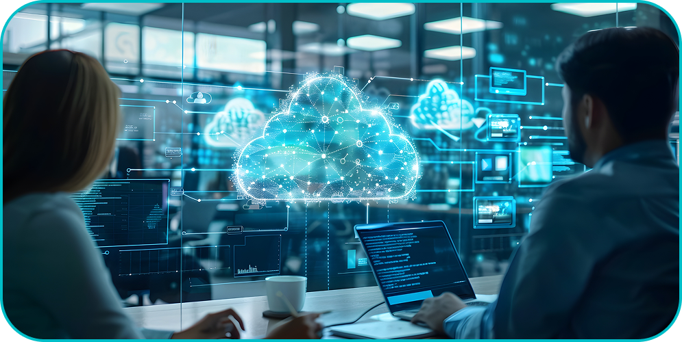Two people viewing glowing cloud data dashboards in a modern office