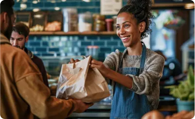 Woman hands a brown paper bag to a customer at a cafe counter. She smiles.