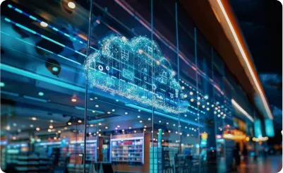 Cloud computing graphic over a store front window, glowing blue.