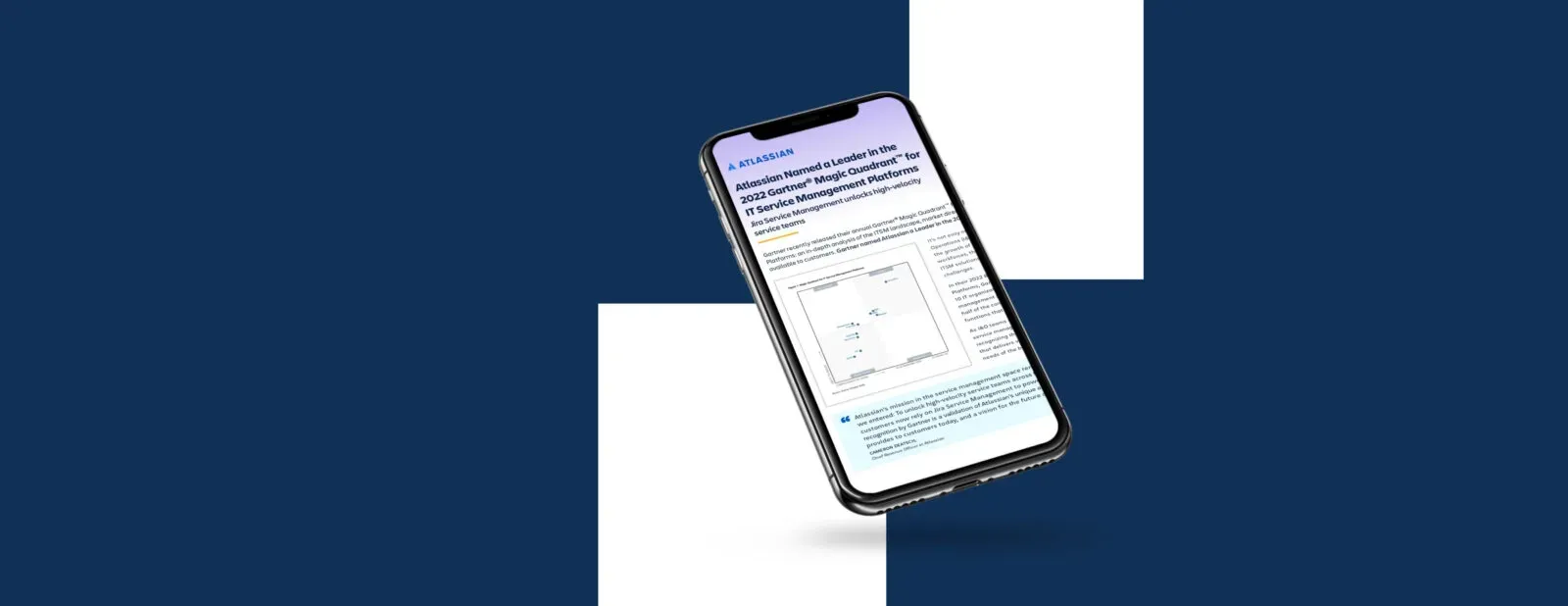 A smartphone displays a chart and data, set against a blue and white abstract background.