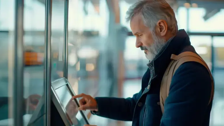 Man using a touchscreen kiosk, indoors. He is wearing a jacket and vest, focused, pointing at the screen.