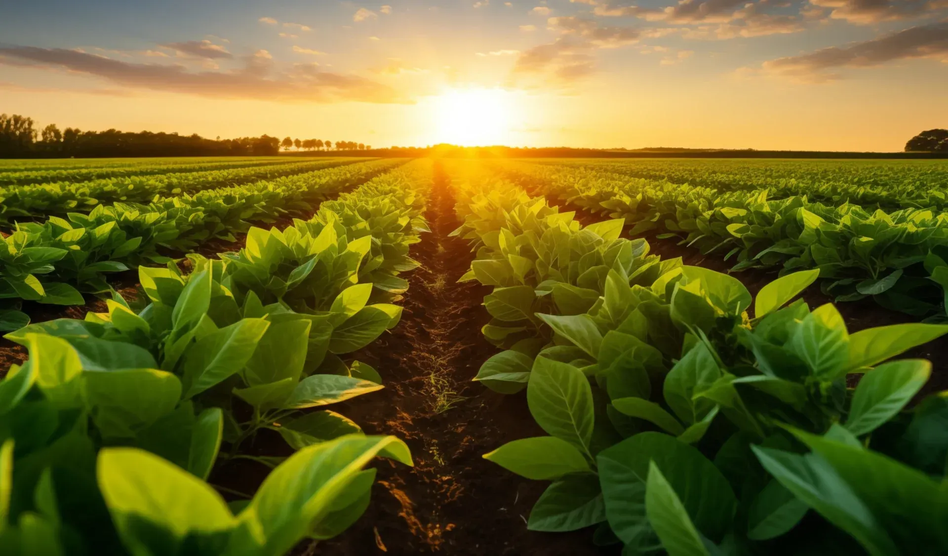 Rows of green plants in a field at sunset, with a bright sun on the horizon.