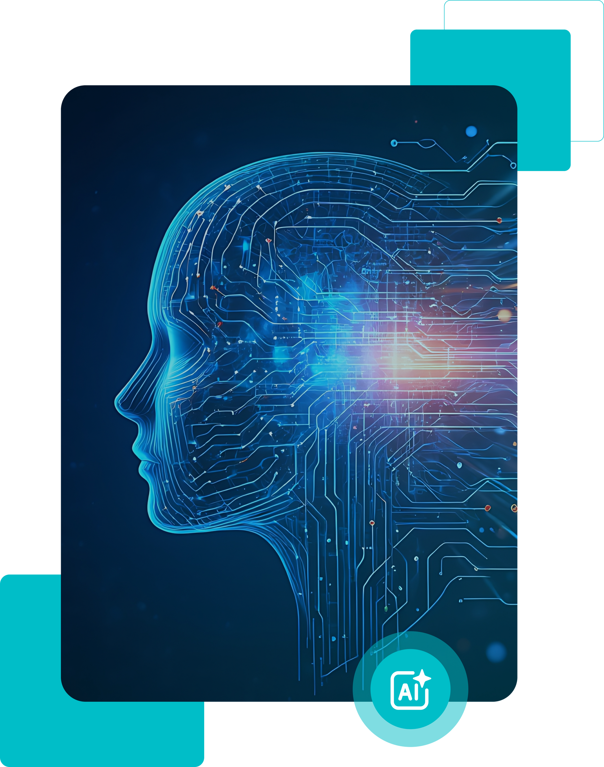Digital head profile, blue circuit design, AI concept.