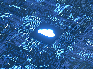 Blue circuit board with a glowing cloud icon in the center.