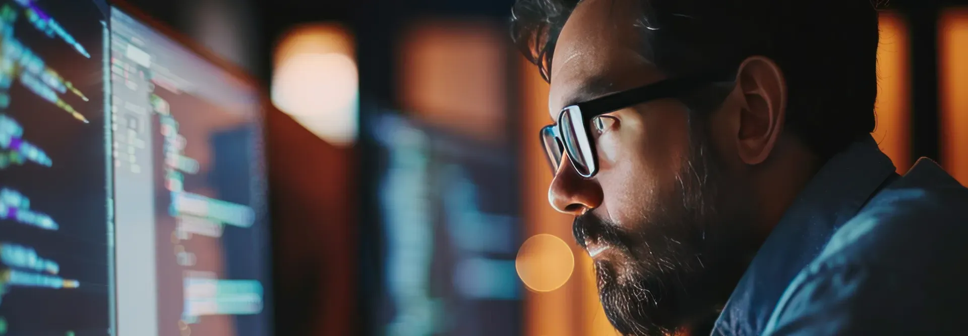 Man wearing glasses looking intently at a computer screen displaying code. Dark, warm-toned setting.