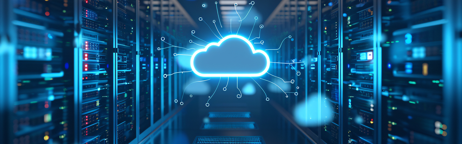 Glowing cloud icon in a blue digital data center corridor, with servers and network lights