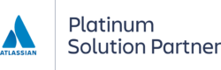 Atlassian Platinum Solution Partner logo. A blue mountain logo with the Atlassian text, and text that says Platinum Solution Partner.