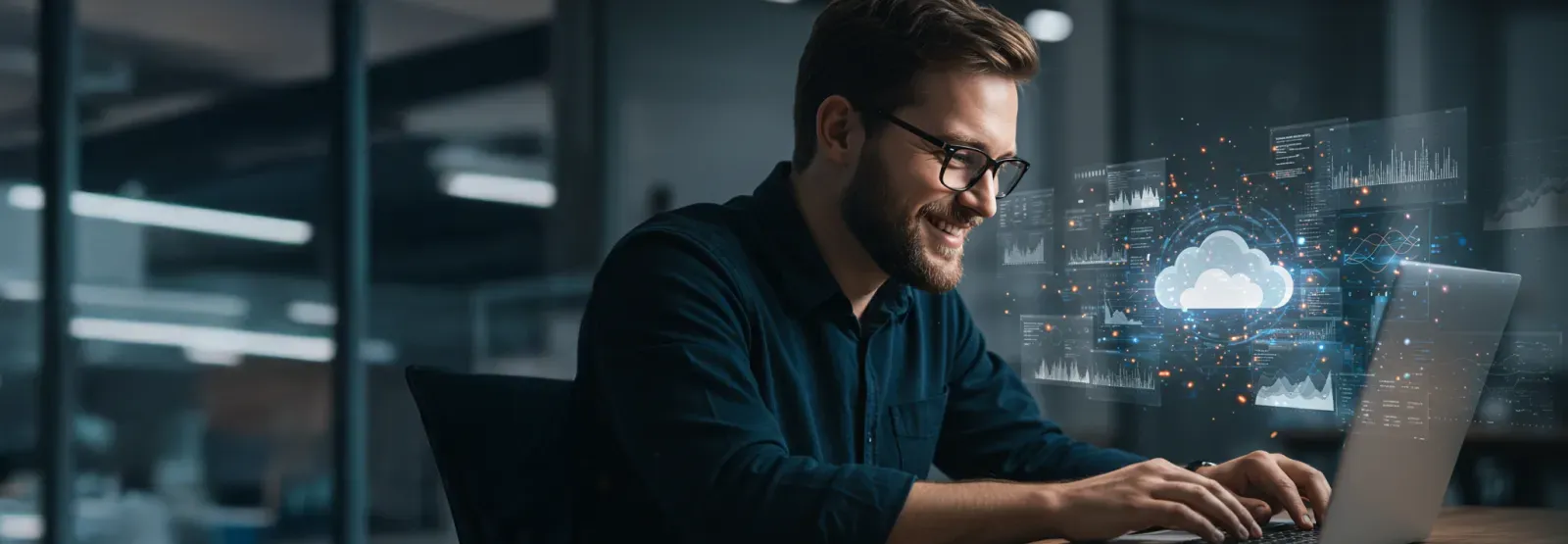 Man using a laptop in an office setting, with a glowing cloud graphic overlay. He is smiling.