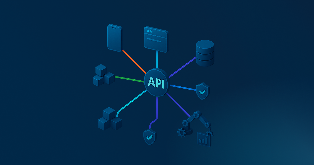 Diagram of API connecting various components: mobile, server, database, and others, with colored lines.