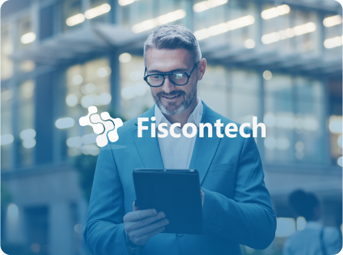Man in suit with tablet; Fiscontech logo in front of a modern building.