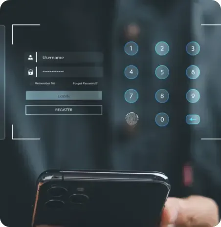 A person logging into a system on a phone, with a digital keypad and login fields visible.