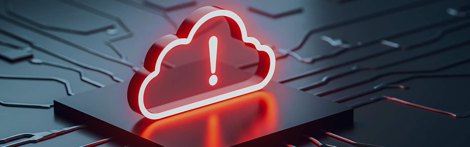 Glowing red cloud warning icon with an exclamation mark on a dark circuit board background