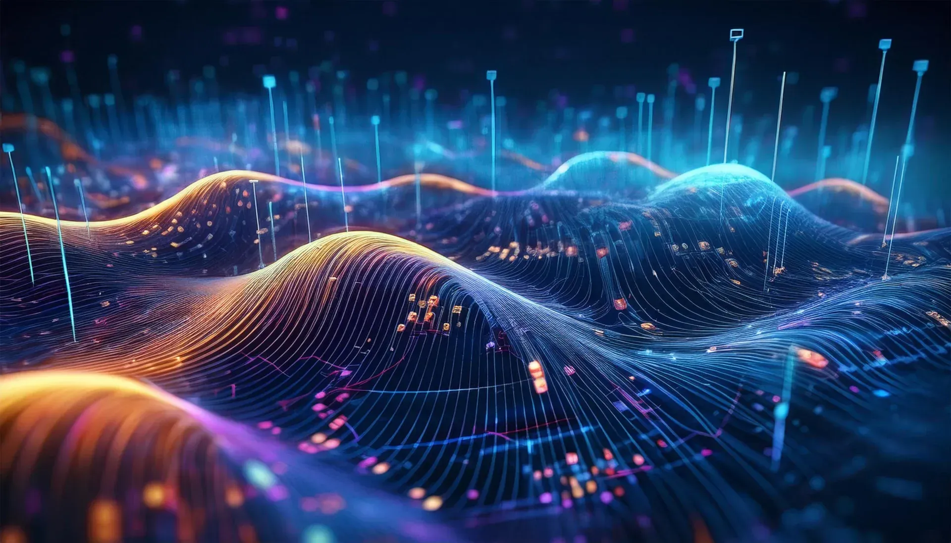 Digital abstract of undulating data waves in blue, orange, and purple, with vertical lines.