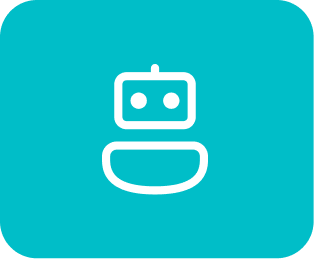White outline robot icon on a teal rounded square background.