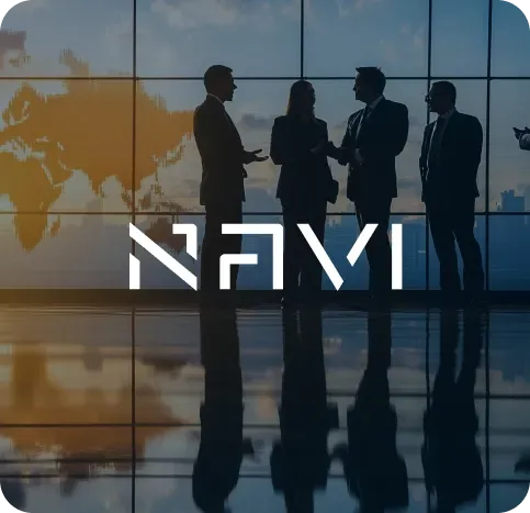 Business people in suits discussing, silhouetted in a modern office, world map on the window, reflected on the floor.