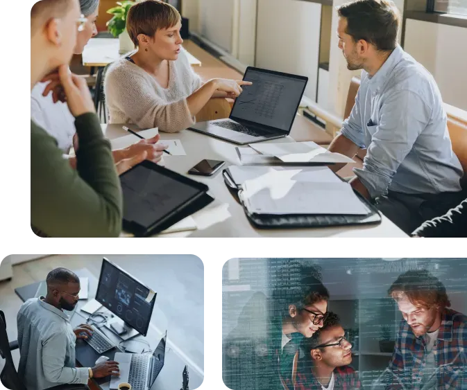Group of people at a table, looking at a laptop and documents, discussing code. Two more programmers.