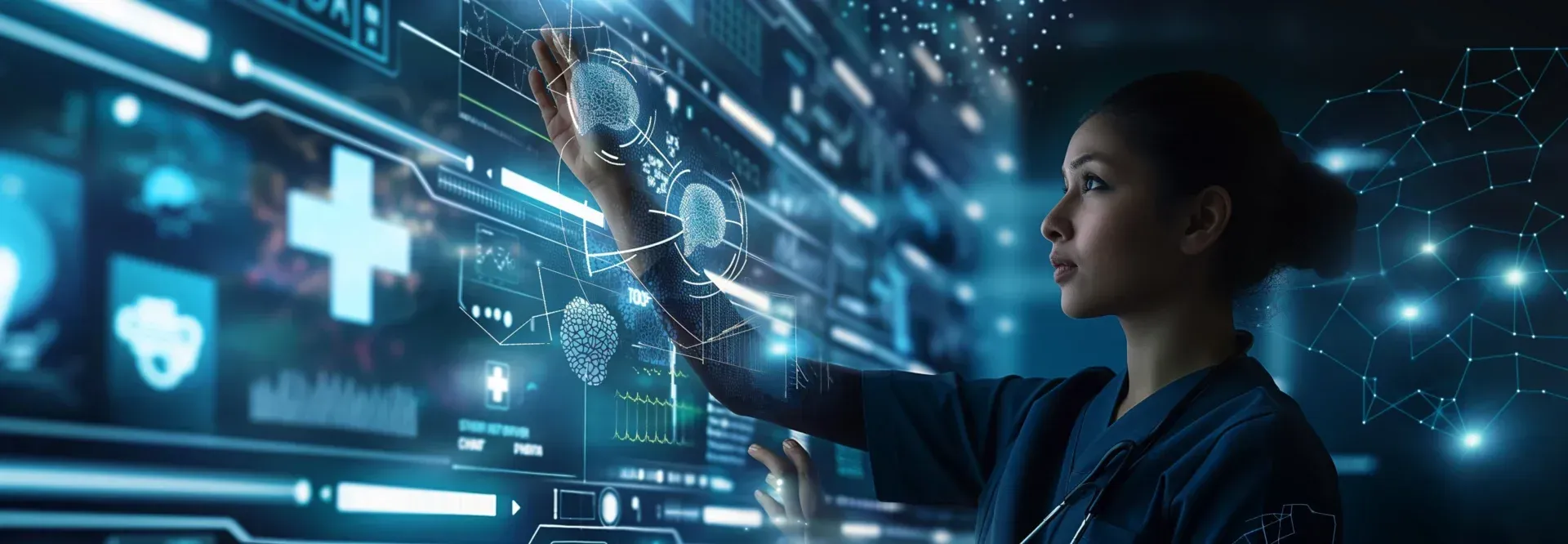 Woman interacting with a futuristic, glowing digital interface, possibly healthcare-related.
