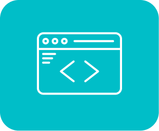 White outline of a web browser window with code brackets on a turquoise background.