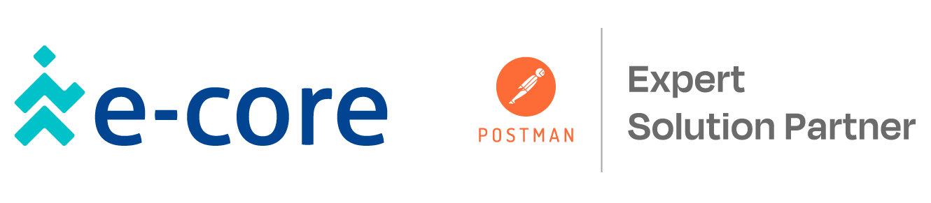 E-core logo with a person icon, Postman logo, and