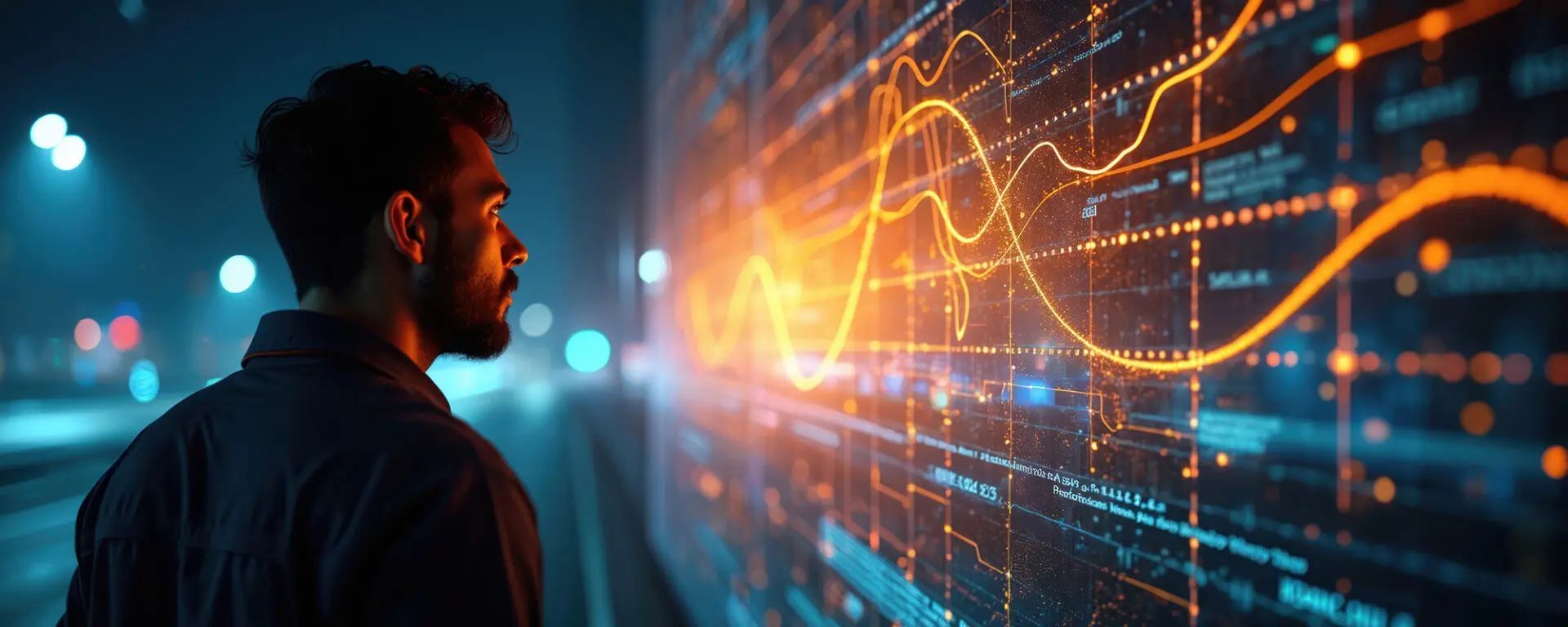 Man looking at a data visualization display, glowing orange lines against a dark background, likely a night setting.