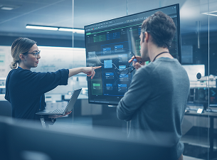 Two people in a tech office analyzing data displayed on a large screen. Woman points, man gestures.