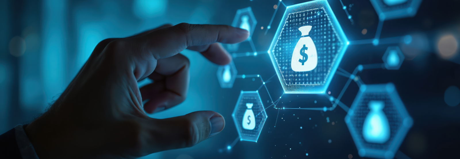 Hand touching a digital screen with money bag icons representing financial technology. Blue background.
