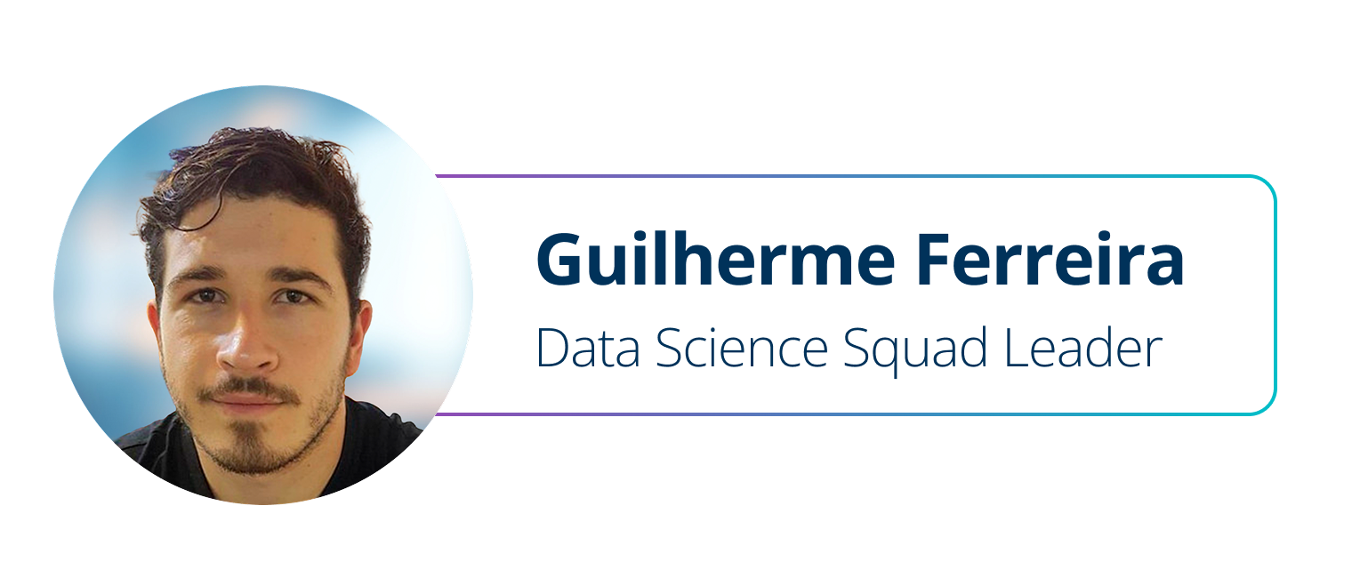 Profile banner for Guilherme Ferreira, Data Science Squad Leader, with headshot and blue text on white background