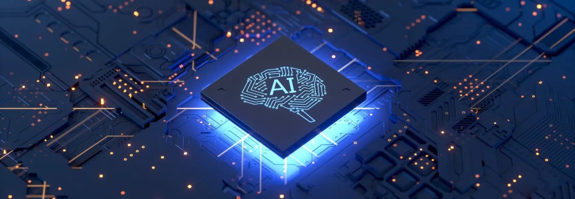 An AI chip with a glowing brain graphic and the letters 