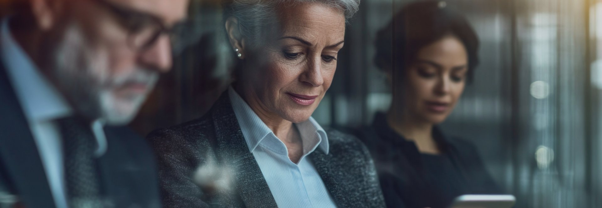 Three professionals looking at something, one in suit jacket and button-up shirt in focus, near a window.