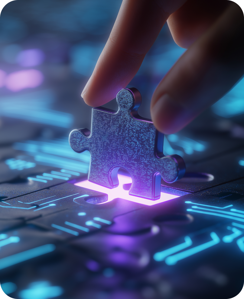 Hand placing a glowing puzzle piece onto a circuit board, lit with blue and purple neon.