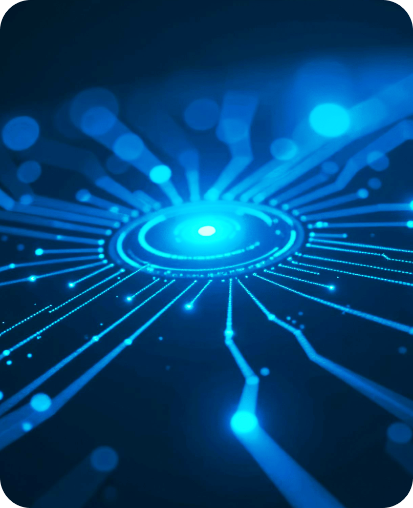 Glowing blue circuit board, a central core radiating outwards.
