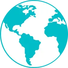 A teal outline of the Earth, showing continents and oceans.
