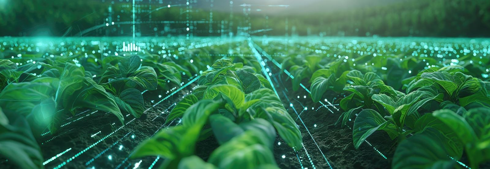Rows of lush green crops in a sunlit field, with mist and light beams over the plants.