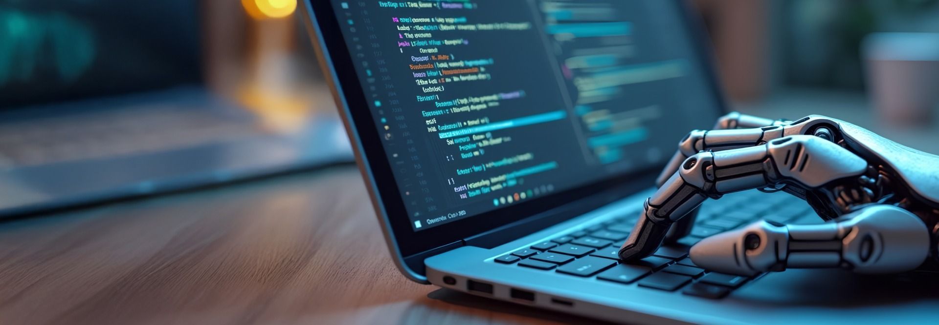 Robot hand typing code on a laptop computer.