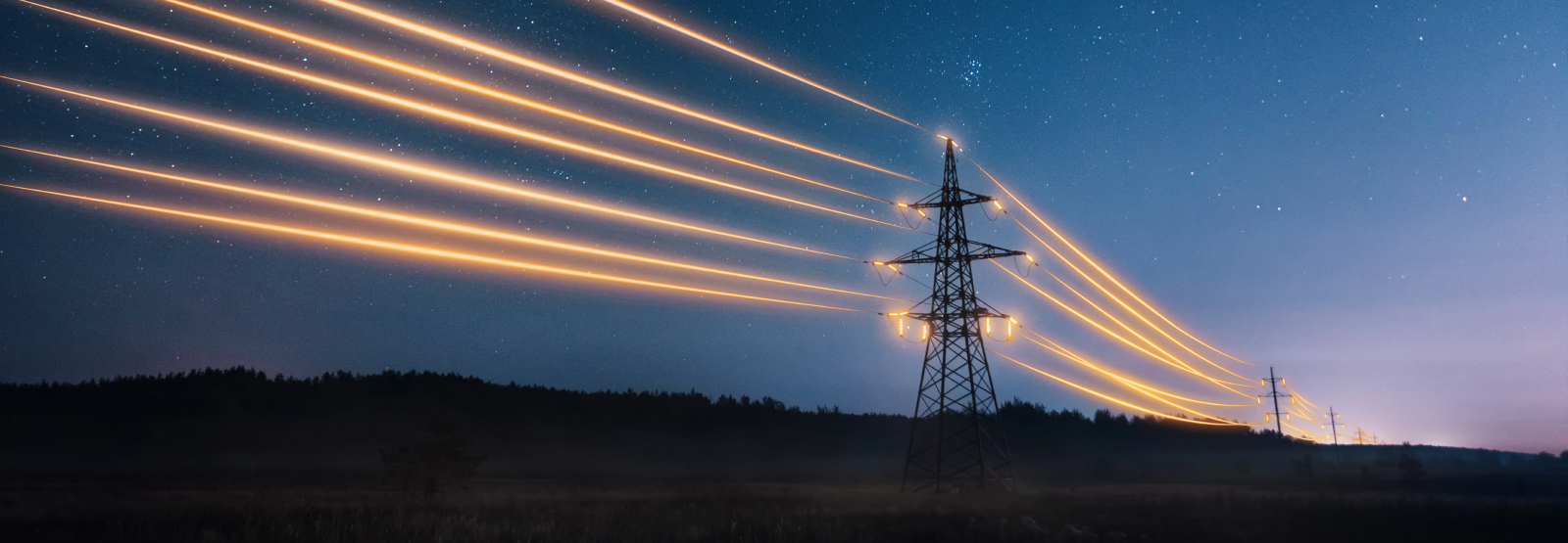 Nighttime scene with a power line tower illuminated with glowing lines across the starry sky.