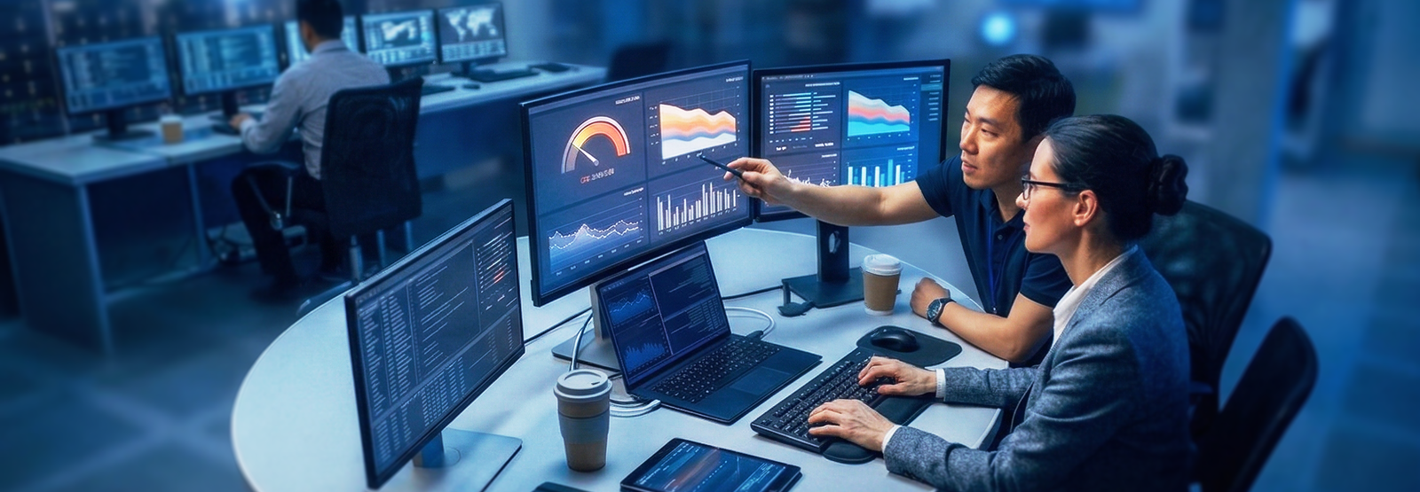 Two analysts monitoring data dashboards in a blue-lit operations center